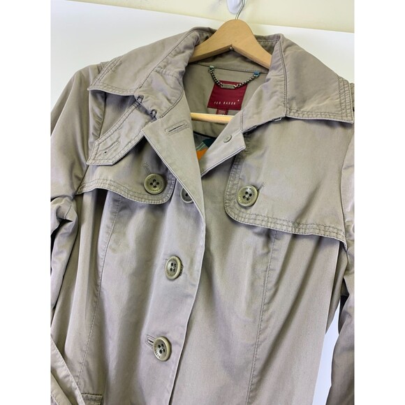 Ted Baker Ruffle Trench Coat Belted Jacket Button Collared Gray Cotton Womens 4 - Picture 3 of 15